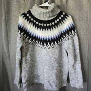 Aspen Women's Fair Isle Sweater Sz M Gray Turtle Neck Long Sleeve Wool Pullover